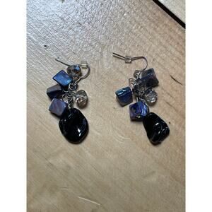 Pair of women's Dangle Drop Earrings. Faux stone beads. Black metallic colors.